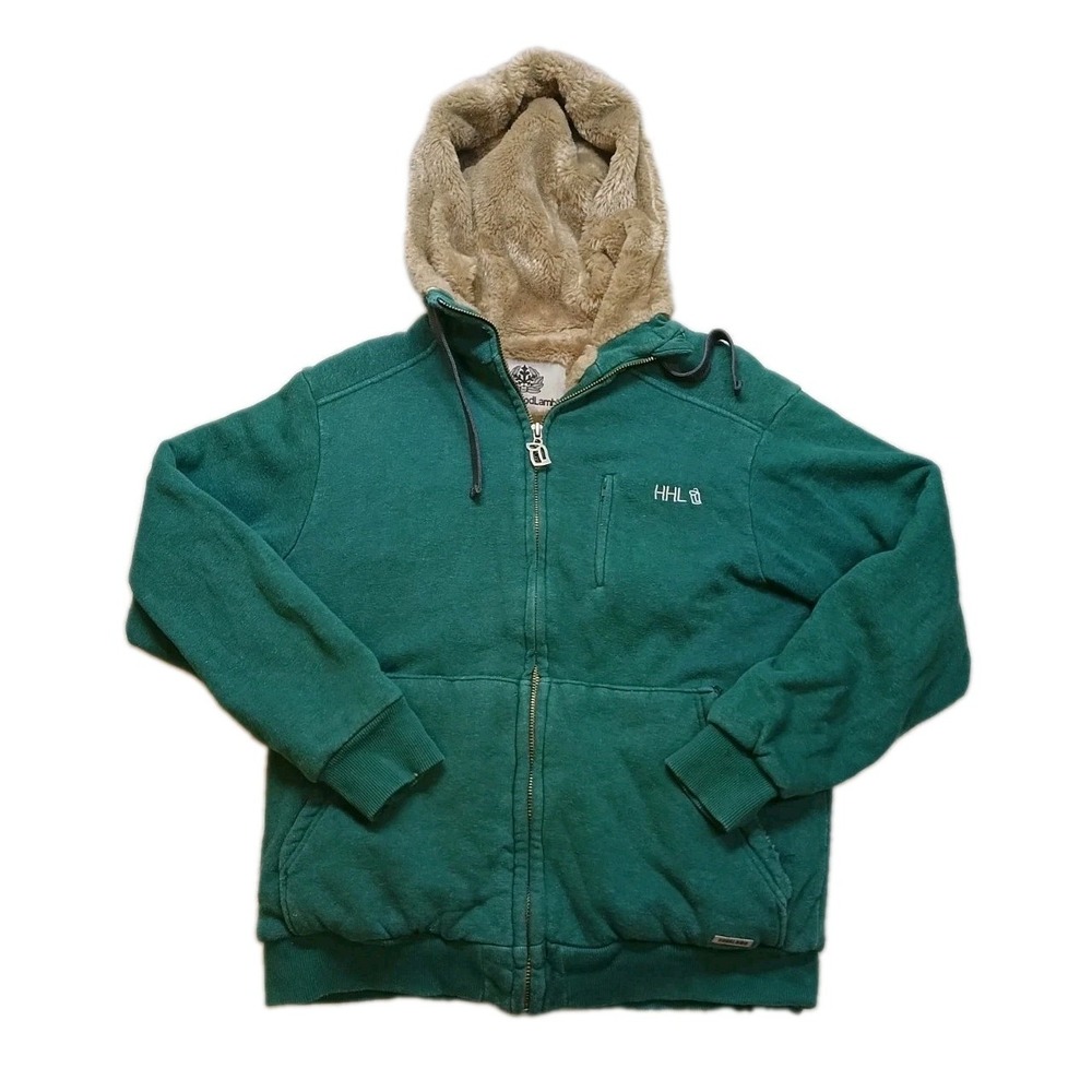 Hemp Hood Lamb HHL Full Zip Hoodie Jacket Faux Fur Lining Green Men's Small.
